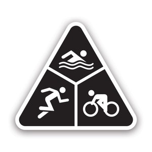 May include: Black and white triangular symbol with three icons representing the three disciplines of a triathlon: swimming, running, and cycling.