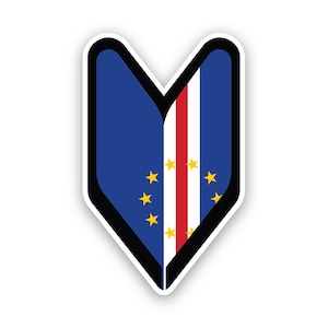 May include: A blue and white sticker with a black outline in the shape of a heart. The sticker features the flag of Cape Verde, with a red stripe and a white stripe, and a circle of yellow stars.