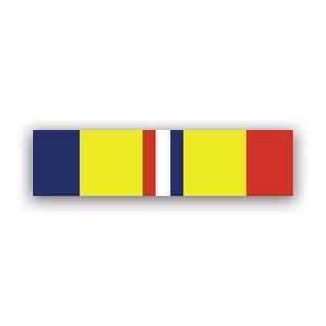 May include: A ribbon with alternating colors of navy blue, yellow, white, navy blue, yellow, and red.