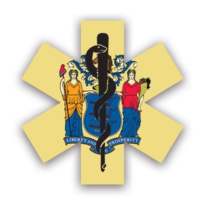 New Jersey Star of Life Flag Sticker - Decal - American Made - UV Protected ems emt emergency meidcal services rod of asclepius nj