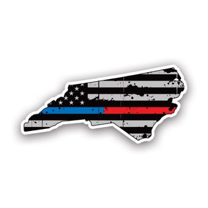 Distressed Thin Blue Red Line North Carolina State Subdued US Flag Sticker - Calcomanía - American Made - UV Protected - USA flag First Responder