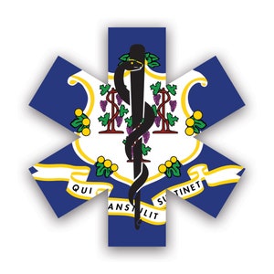 Connecticut Star of Life Flag Sticker - Decal - American Made - UV Protected ems emt emergency meidcal services rod of asclepius ct