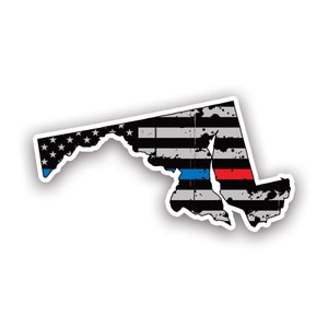 Distressed Thin Blue Red Line Maryland State Shaped Subtened US Flag Sticker - Calcomanía - American Made - UV Protected - flag first responder