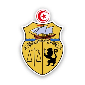 May include: A yellow shield with a crescent moon and star at the top. Inside the shield is a ship with white sails, a scale of justice, and a lion holding a sword. The shield is surrounded by a white border and a shadow.
