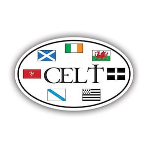 May include: A white oval sticker with the word "CELT" in black letters and a white cross in the center.  The sticker features flags of Celtic nations, including Scotland, Ireland, Wales, Isle of Man, Brittany, and Cornwall.
