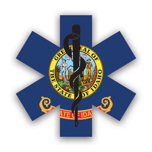 Idaho Star of Life Flag Sticker - Decal - American Made - UV Protected ems emt emergency meidcal services rod of asclepius id