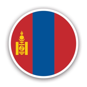 May include: A round sticker featuring the flag of Mongolia. The flag has a vertical blue stripe on the left side, with two vertical red stripes on either side. The left side has a yellow Soyombo symbol.