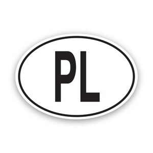 May include: White oval sticker with a black outline and the letters "PL" in black.