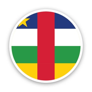 May include: A circular sticker with the flag of the Central African Republic. The flag features a vertical red stripe in the center, with a yellow star on a blue field above it, a white field below it, a green field below that, and a yellow field at the bottom.