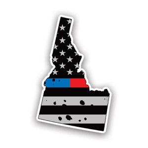 Distressed Thin Blue Red Line Idaho State Shaped Subdued US Flag Sticker - Decal - American Made - UV Protected - flag first responder id