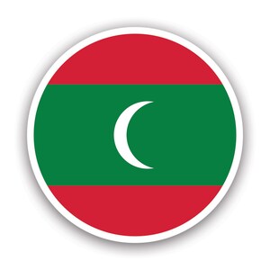 May include: A round sticker featuring the flag of the Maldives. The flag design includes a red band at the top and bottom, a green center, and a white crescent moon in the center.