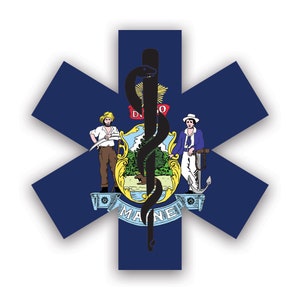 Maine Star of Life Flag Sticker - Decal - American Made - UV Protected ems emt emergency meidcal services rod of asclepius me