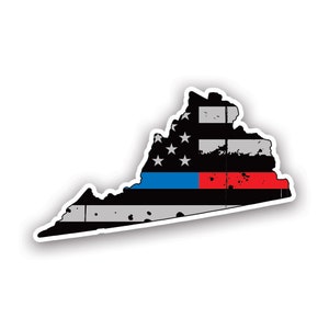 Distressed Thin Blue Red Line Virginia State Shaped Subtened US Flag Sticker - Calcomanía - American Made - UV Protected - Bandera de EE. UU.