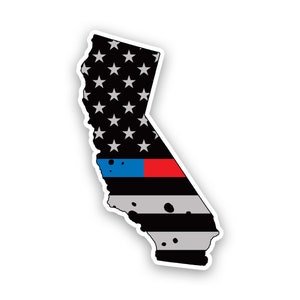Distressed Thin Blue Red Line California State Shaped Subtened US Flag Sticker - Calcomanía - American Made - UV Protected - USA flag responder ca