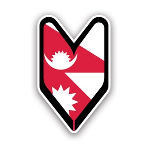 May include: A sticker displaying the flag of Nepal. The design is a white, red, and black emblem with a distinctive shape. The flag's elements include a white crescent moon, a white sun, and a red background.