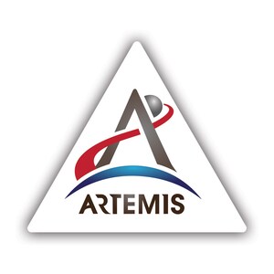 May include: A white triangle with a gray letter A inside. The letter A is curved and has a red line going through it. A blue crescent moon is behind the letter A. The text "ARTEMIS" is below the letter A.