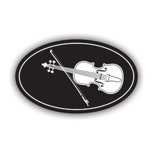 May include: A black and white illustration of a violin and bow inside a black oval.