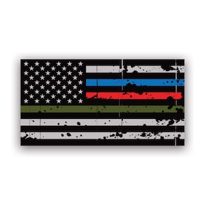Thin Blue Line Police Firefighter Military Tattered Flag Sticker - Decal - American Made - UV Protected american firefighter fire usa flags