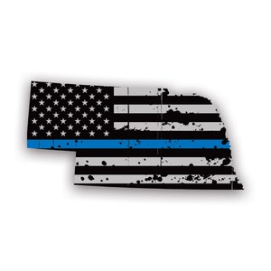 Distressed Nebraska State Shaped Subtened US Flag Thin Blue Line Sticker - Calcomanía - American Made - UV Protected police law enforcement ne