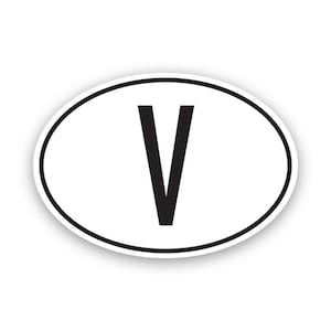 Peut inclure: Autocollant ovale blanc avec une bordure noire et une grande lettre noire "V" au centre. L'autocollant a un léger effet d'ombre, lui donnant une apparence en trois dimensions. Le design est simple et audacieux.