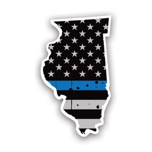 Distressed Thin Blue Line Illinois State Shaped Subdued US Flag Sticker - Decal - American Made - UV Protected police law enforcement il