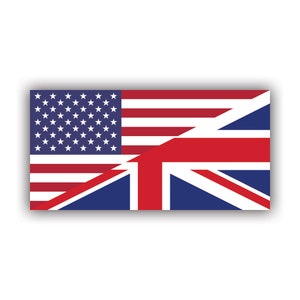 May include: A red, white, and blue American flag and a red, white, and blue Union Jack flag are superimposed on top of each other. The flags are angled so that the American flag is on top and the Union Jack flag is on the bottom.