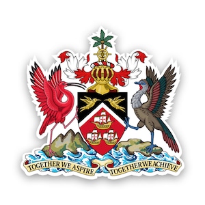 May include: The coat of arms of Trinidad and Tobago features a red, black, and white shield with three ships, a red ibis, a brown bird, and the text "Together We Aspire, Together We Achieve".