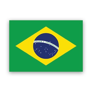 May include: The flag of Brazil is green with a yellow diamond in the center. The diamond contains a blue circle with white stars and the text "ORDEM E PROGRESSO" in white.