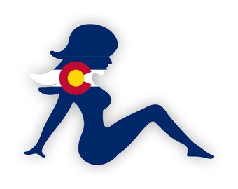 May include: A sticker featuring a dark blue silhouette of a seated figure in profile. The design incorporates the Colorado state flag, displaying a horizontal white stripe, a red letter C, and a yellow circle centered on the figure's torso.