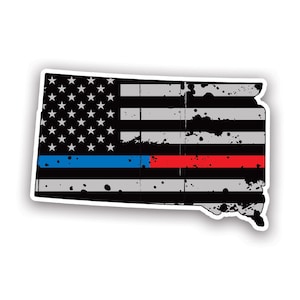 Distressed Thin Blue Red Line South Dakota State Shaped Subdued US Flag Sticker - Decal - American Made - UV Protected - usa flag sd