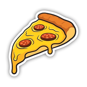 May include: A cartoon illustration of a slice of pizza with pepperoni and melted cheese. The pizza is dripping with cheese and has a white outline, giving it a sticker-like appearance.