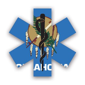 Oklahoma Star of Life Flag Sticker - Decal - American Made - UV Protected ems emt emergency meidcal services rod of asclepius ok