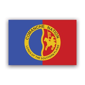 May include: A blue and red flag with a yellow circle in the center. The circle has the words "Comanche Nation Lords of the Southern Plains" around the outside. Inside the circle is a silhouette of a Native American warrior on horseback.