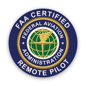 May include: A blue and gold FAA Certified Remote Pilot badge with the Federal Aviation Administration logo in the center. The logo features a globe with a winged compass.
