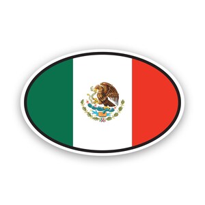 May include: Oval sticker with the Mexican flag. The flag is green, white, and red with the Mexican coat of arms in the center.