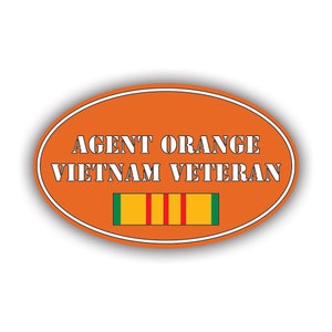 May include: An orange oval sticker with the text "AGENT ORANGE VIETNAM VETERAN" in white. Below the text is a rectangular ribbon with green, yellow, and red stripes. The sticker has a white border.