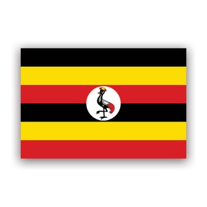 Può includere: La bandiera dell'Uganda, un disegno rettangolare con sei strisce orizzontali nere, gialle e rosse. Un cerchio bianco al centro presenta una gru coronata grigia, l'uccello nazionale.