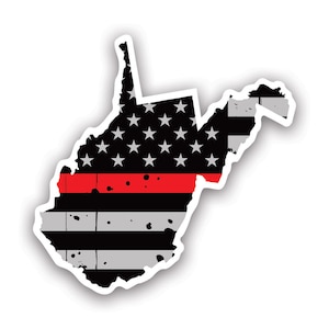 May include: A sticker of the state of West Virginia with a thin red line across the middle and an American flag design in black and white.