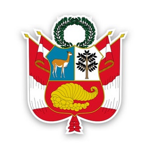 May include: A sticker featuring the coat of arms of Peru. The emblem includes a shield with a vicuña, a cinchona tree, and a cornucopia, flanked by red and white flags and topped with a laurel wreath. The colors are red, white, blue, brown, and gold.