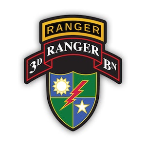 May include: A black and red patch with a white shield. The shield has a green, blue, and white design with a lightning bolt and a star. The patch has the text "RANGER" in yellow and "3D RANGER BN" in white.