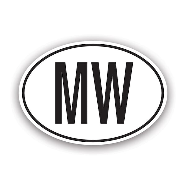 MW Malawi Country Code Oval Sticker - Decal - American Made - UV Protected - malawian country code euro ovals
