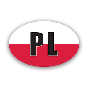 以下が含まれることがあります： ポーランド国旗の色である白と赤の楕円形のステッカー。黒色の「PL」の文字が中央に配置されています。ステッカーには白い縁と影の効果があります。