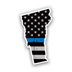 May include: A sticker of the state of Vermont in the shape of the state with an American flag design and a blue line across the middle.