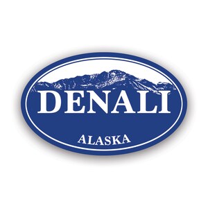 May include: A blue oval sticker with a white mountain range silhouette and the text "DENALI ALASKA".
