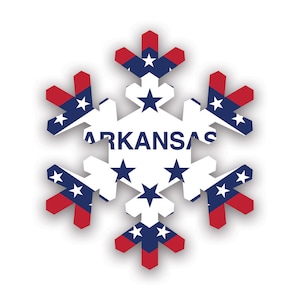Könnte beinhalten: Ein weißer Schneeflocke mit roten und blauen Sternen und Streifen. Das Wort "ARKANSAS" befindet sich in der Mitte der Schneeflocke.