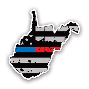 Distressed Thin Blue Red Line West Virginia State Shaped Subtened US Flag Sticker - Calcomanía - American Made - UV Protected - usa flag responder