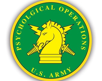May include: A yellow and green round emblem with the words "Psychological Operations U.S. Army" around the edge. A yellow horse head with a lightning bolt on each side is in the center.