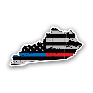Distressed Thin Blue Red Line Kentucky State Shaped Subdued US Flag Sticker - Decal - American Made - UV Protected - flag first responder