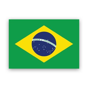 May include: The flag of Brazil is green with a yellow diamond in the center. The diamond contains a blue circle with white stars and the text "ORDEM E PROGRESSO" in white.