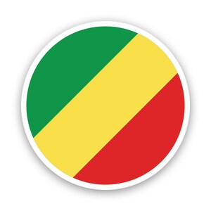 May include: A circular sticker with the flag of the Republic of the Congo. The flag is green, yellow, and red with a diagonal yellow stripe.